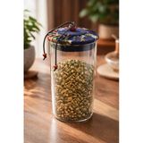 Makri Home 800 ml Borosilikat Cam Hava Geçirmez Lacivert Kumaş Kaplama Bambu Kapaklı Kavanoz, Çap:8 Cm, H:21 cm