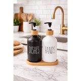 Makri Home Bambu Altlıklı Bambu Kapaklı Ikili Cam Sıvı Sabunluk & Deterjanlık Seti – 2×500 Ml- 16,5 x 9 x 21 cm - Siyah - Beyaz