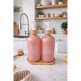 MAKRİ HOME Bambu Altlıklı Bambu Kapaklı İkili Cam Sıvı Sabunluk & Deterjanlık Seti – 2×500 ML- 16,5 x 9 x 21 cm