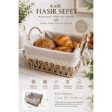 MAKRİ HOME Bambu Hasır Ekmek ve Sunum Sepeti Kumaş Astarlı Kompakt Boy, Kare 20x20x13 cm