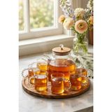 Makri Home Cam Çay Seti, 1000 ml Bambu Kapaklı Demlik ve 6 Adet 110 ml Bardak - Şeffaf