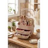 Makri Home Cappuccino Renk Kapaklı Makyaj Organizeri–3 Katlı, Şeffaf Kubbeli, Çekmeceli Düzenleyici