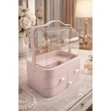 Makri Home Elora Pembe Makyaj Organizeri, 35X26X17,5 Cm, 3 Çekmeceli, Şeffaf 90° Iki Kapaklı