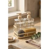 MAKRİ HOME Krem Metal Stantlı Pole İkili Cam Sıvı Sabunluk Seti – 2 x 500 ml, 18,5 x 9,5 x 22,5 cm, Sünger ve Bulaşık Teli Dahil