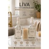MAKRİ HOME Liva 2’li Cam Sıvı Sabunluk Seti, Metal Stantlı, Süngerlikli, Beyaz, 2 x 500 ml, 24x9,5x23 cm.