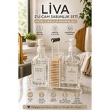 MAKRİ HOME Liva 2’li Cam Sıvı Sabunluk Seti, Metal Stantlı, Süngerlikli, Kulplu Beyaz, 2 x 500 ml, 24x9,5x23 cm.