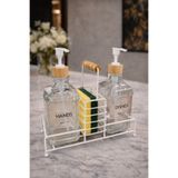 MAKRİ HOME Lüks Bambu Kapaklı Metal Stantlı Cam İkili Sıvı Sabunluk/Deterjanlık Seti-500 ml Cam Sabunluk