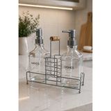 Makri Home Lüks Bambu Kulplu Gri Metal Stantlı İkili Cam Sıvı Sabunluk 500 Ml, 23x9x23,5 Cm