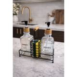 MAKRİ HOME Lüks Cam Ikili Sıvı Sabunluk & Deterjanlık Seti-500 ml Cam Sabunluk, Bambu Kulplu Metal Stantlı
