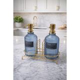 MAKRİ HOME Mavi 2'li Cam Sabunluk/Deterjanlık, 500 ml, Altın Renk Metal Stantlı, 21,5x9x23 cm