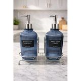 MAKRİ HOME Mavi 2'li Cam Sabunluk/Deterjanlık, 500 ml, Gümüş Renk Metal Stantlı, 21,5x9x23 cm