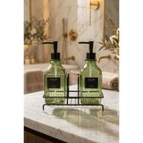 MAKRİ HOME Modern Çizgili Desenli Cam Ikili Sıvı Sabunluk & Deterjanlık Seti, Yeşil- 500 Ml Cam Sabunluk