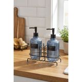 MAKRİ HOME Modern Çizgili Yuvarlak Cam Ikili Sıvı Sabunluk & Deterjanlık Seti, Mavi - 500 Ml Cam Sabunluk