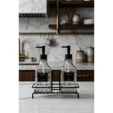 MAKRİ HOME Modern Kabartma Desenli Cam İkili Sıvı Sabunluk & Deterjanlık Seti, Siyah - 500 Ml Cam Sabunluk