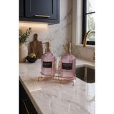 MAKRİ HOME Pembe 2'li Cam Sabunluk/Deterjanlık, 500 ml, Altın Renk Metal Stantlı, 21,5x9x23 cm