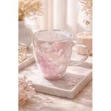 MAKRİ HOME Pembe Beyaz Çiçekli Çift Cidarlı Cam Kupa, 350 ml, 11 cm x 8 cm