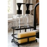 MAKRİ HOME Siyah Metal Stantlı Pole İkili Cam Sıvı Sabunluk Seti, 2 x 500 ml, 14 x 10 x 24,5 cm, Sünger Dahil