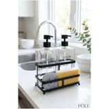 MAKRİ HOME Siyah Metal Stantlı Pole İkili Cam Sıvı Sabunluk Seti – 2 x 500 ml, 18,5 x 9,5 x 22,5 cm, Sünger ve Bulaşık Teli Dahil
