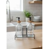 Makri Home Stantlı Bambu Kapaklı İkili Cam Sıvı Sabunluk & Deterjanlık Seti 2 500 Ml, 22,5 8,5 24 Cm Şeffaf