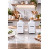 Makri Home Stantlı Bambu Kapaklı Ikili Cam Sıvı Sabunluk & Deterjanlık Seti – 2×500 Ml, 22,5 × 8,5 × 24 cm - Beyaz