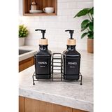 Makri Home Stantlı Bambu Kapaklı Ikili Cam Sıvı Sabunluk & Deterjanlık Seti – 2×500 Ml, 22,5 × 8,5 × 24 cm - Siyah