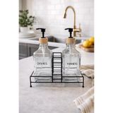 MAKRİ HOME Stantlı Bambu Kapaklı İkili Cam Sıvı Sabunluk & Deterjanlık Seti – 2×500 ml, 22,5 × 8,5 × 24 cm