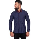 Makrom Erkek Lacivert Kırmızı Puantiyeli Duble Yaka Pamuklu Slim Fit Gömlek - XL