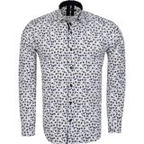 Makrom Erkek Siyah Desenli Uzun Kol Detaylı Classic Fit Pamuklu Gömlek - Beyaz - Siyah - XL