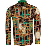 Makrom Erkek Yeşil Turuncu Barok Desenli Slim Fit Uzun Kollu Gömlek - XL