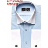 Makrom Premium Duble Manşetli Metal Düğme Detaylı Mavi Özel Tasarım Erkek Gömlek - 2XL