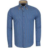 MAKROM Premium Seri %100 Pamuk Slim Fit Double Yaka Çizgili Gömlek - Lacivert - XL