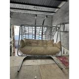 Makrome Çift Kişilik Balkon Bahçe Salıncağı Siyah Metal Ayaklı Gri Renk Salıncak