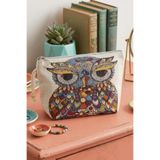 Makyaj ve Çok Amaçlı Kalın Dokuma Jakar Kumaş Clutch Çanta Baykuş Çok Renkli