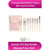 #Makyajfırça Çantalı 8'Li Bej Renkli Makyaj Fırça Seti Profesyonel Yumuşak Sentetik Kıllı Pudra Fondöten Allık Far Kontü