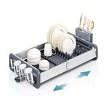MallArt® Ayarlanabilir Alüminyum Bulaşıklık - Paslanmaz Tezgah Üstü Kurutmalık, Uzatılabilir Fonksiyonel Mutfak Düzenleyici, Tahliye Kanallı Tabaklık ve Bardaklık (Gümüş/Gri)