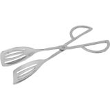 MallArt® Paslanmaz Çelik Makas Tipi Servis Maşası 25.5 cm - Ergonomik Saplı Salata, Mutfak, Izgara ve Biftek Maşası, Delikli Spatula Uçlu Yemek Sunum Maşası, Gümüş