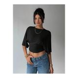 Maly Love Kadın Siyah Yarasa Kol Crop Bluz Büzgülü Bel Detaylı Şık Basic Bluz