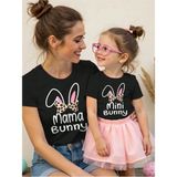 Mama Bunny ve Mını Bunny Baskılı Bisiklet Yaka Pamuklu Kısa Kollu Anne ve Kız Tişörtü - Siyah - XL