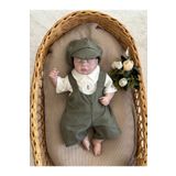 Mama Miel Baby Erkek Bebek Haki Salopet El İşi Kuşlu Çıtçıtlı Body ve Kasket Takım