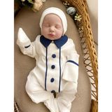 Mama Miel Baby Erkek Bebek Lacivert Kumaş Düğme Detaylı Yenidoğan Tulum ve Şapka Takımı - 3 - 6 Ay - Ekru