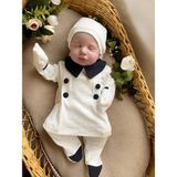 Mama Miel Baby Lacivert Düğme Detaylı Patikli Alt Eldivenli Üst Şapka Hastane Çıkışı - 0 - 3 Ay - Ekru