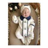 Mama Miel Baby Lacivert Kumaş Detaylı Mavi El İşi Ayıcık İşlemesi Tulum ve Şerit Detaylı Bere Şapkası