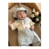 Mama Miel Baby Mavi Pötikare Kumaş Şortlu El İşi Tavşan Detaylı Çıtçıtlı Body Kasket Takım