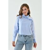 Mamayaga Kadın Düğmeli Çizgili Crop Boy Bluz Gömlek Pamuklu Basic Stil - Mavi - XS