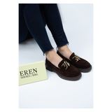 Mammamia 5528 EREN SHOES&BAG Hakiki Deri Süet Toka Detaylı Alçak Topuklu Günlük Rahat Ortopedik İç Taban Ayakkabı Gerçek Deri Süet Kahverengi