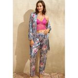 Man5701 Kadın Saten Çiçek Baskılı Sabahlık Balensiz Desteksiz Dolgusuz Dantelli Bralet Sütyen Ve Pantolon Pijama 3Lü Takım (5701)