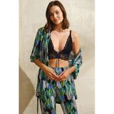 Man5748 Kadın Viskon Yaprak Baskılı Sabahlık Balensiz Desteksiz Dolgusuz Dantelli Bralet Sütyen Ve Pantolon Pijama 3Lü Takım (5748)