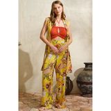 Man5754 Boyundan Bağlamalı V Yaka Kadın Çiçek Desenli Yazlık Boncuk Detaylı Pijama Takımı Sabahlık Anıl 5754