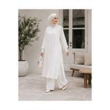 manana fashion Beyaz Keten Düğme Detaylı Uzun Tunik Pantolon Tesettür Takım - 7074