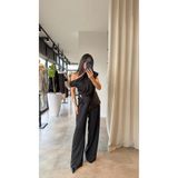 manana fashion Gold Tokalı Asimetrik Kesim Özel Tasarım Saten Bluz Pantolon Takım